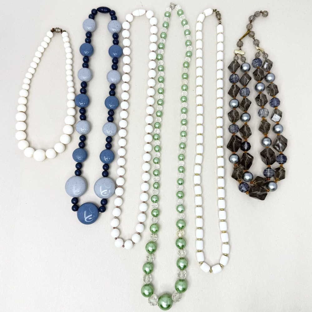 Vintage Beaded Necklace‎ Lot 6 Pieces Retro Mid Century MCM Blue Green White